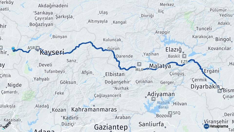 Nevşehir Avanos Diyarbakır Arası Kaç Km - Yol Haritası