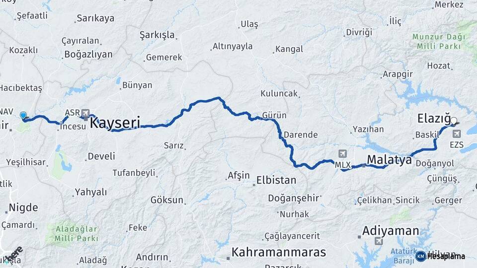 Nevşehir Avanos Elazığ Arası Kaç Km - Yol Haritası