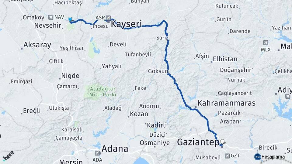 Nevşehir Avanos Gaziantep Arası Kaç Km - Yol Haritası
