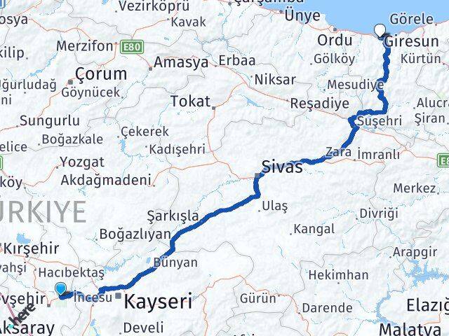 Nevşehir Avanos Giresun Arası Kaç Km - Yol Haritası
