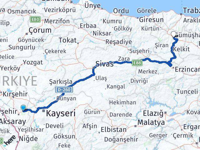 Nevşehir Avanos Gümüşhane Arası Kaç Km - Yol Haritası