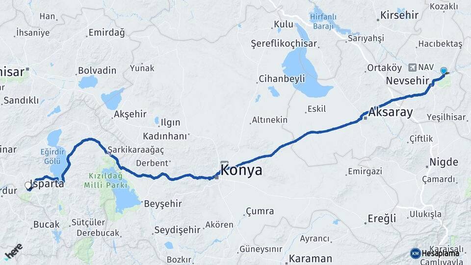 Nevşehir Avanos Isparta Arası Kaç Km - Yol Haritası