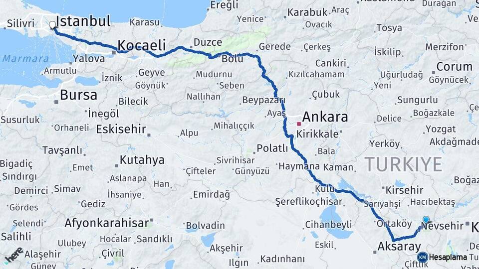 Nevşehir Avanos İstanbul Arası Kaç Km - Yol Haritası