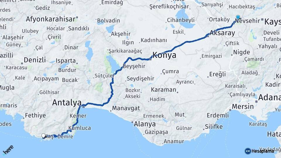 Nevşehir Avanos Kaş Antalya Arası Kaç Km - Yol Haritası