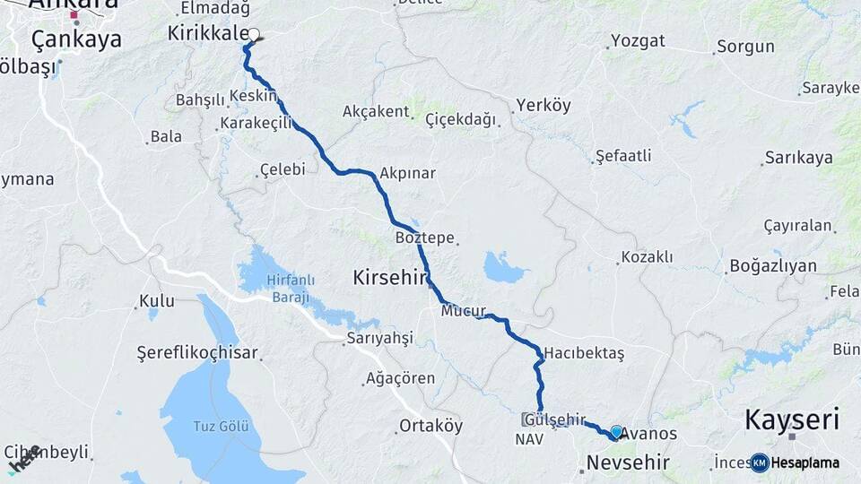 Nevşehir Avanos Kırıkkale Arası Kaç Km - Yol Haritası