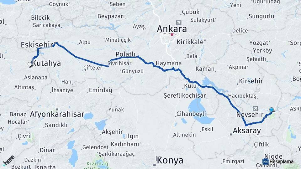 Nevşehir Avanos Kütahya Arası Kaç Km - Yol Haritası
