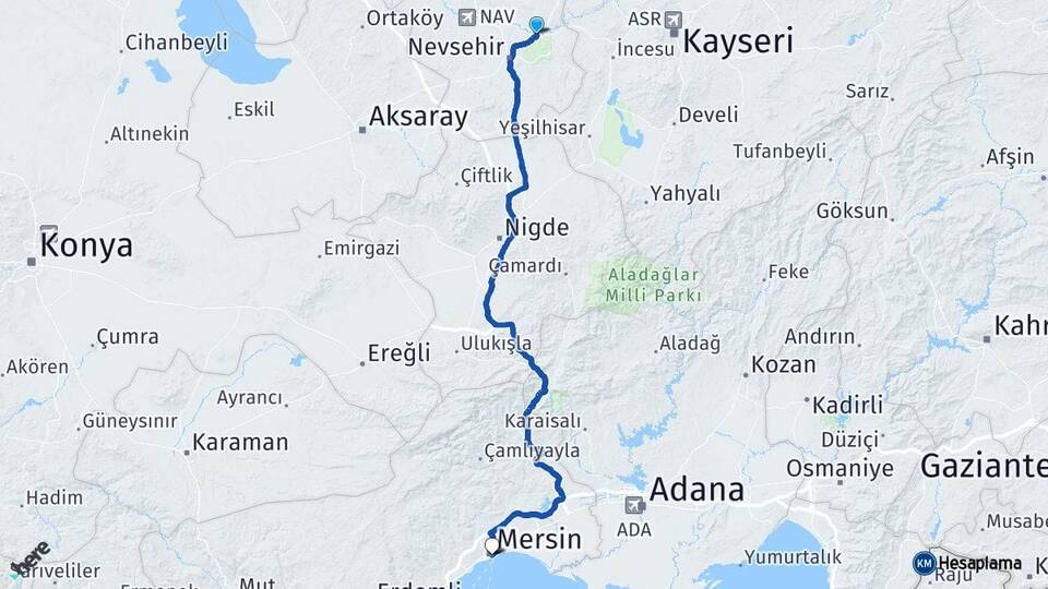 Nevşehir Avanos Mersin Arası Kaç Km - Yol Haritası