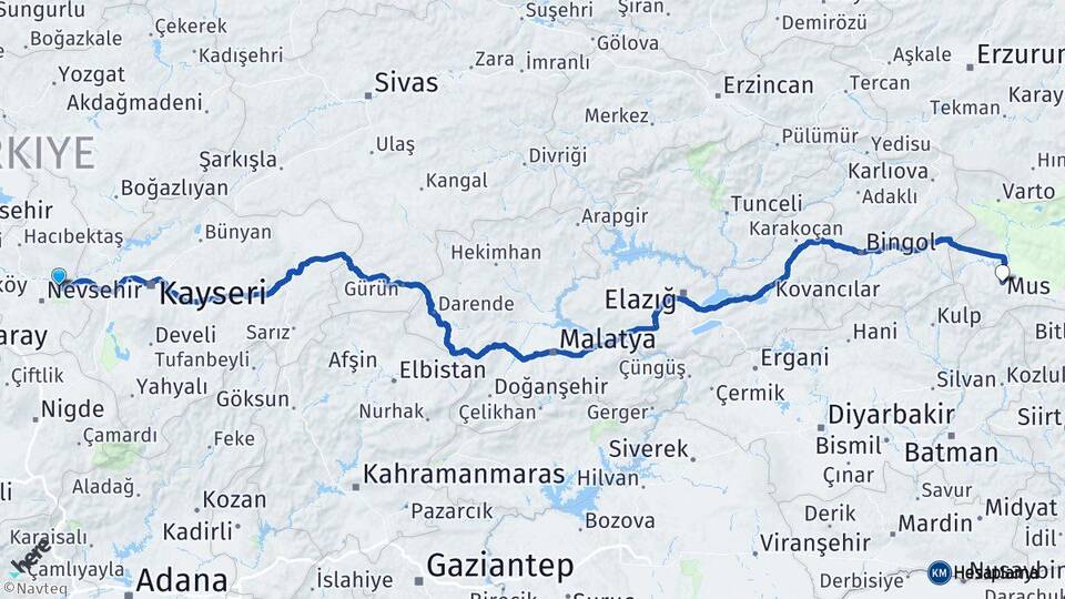 Nevşehir Avanos Muş Arası Kaç Km - Yol Haritası