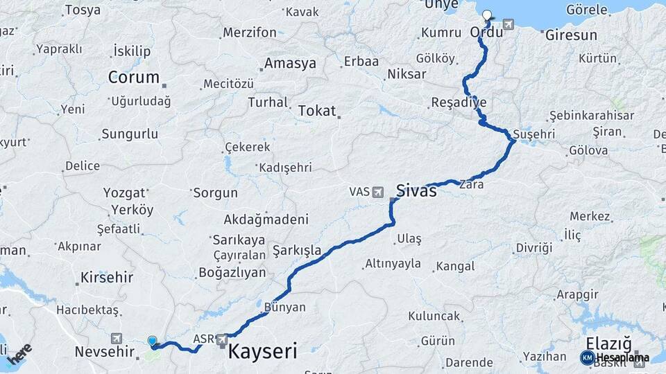 Nevşehir Avanos Ordu Arası Kaç Km - Yol Haritası