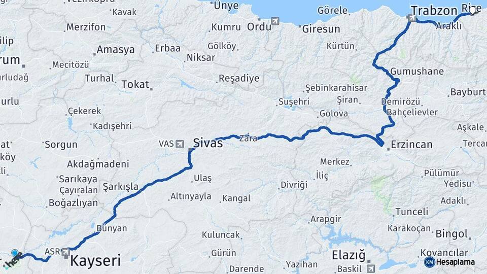 Nevşehir Avanos Rize Arası Kaç Km - Yol Haritası