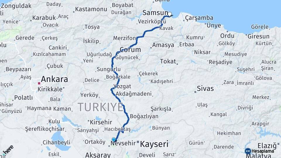 Nevşehir Avanos Samsun Arası Kaç Km - Yol Haritası