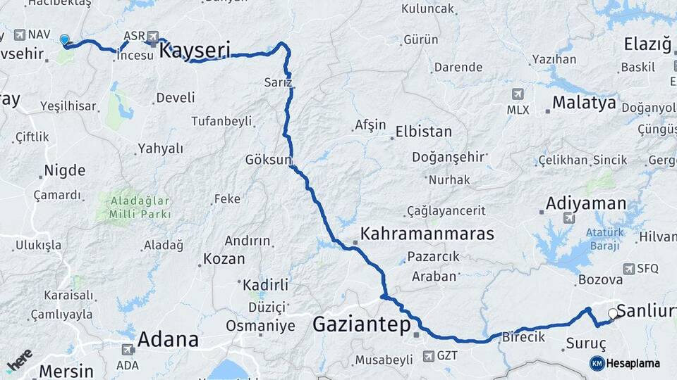 Nevşehir Avanos Şanlıurfa Arası Kaç Km - Yol Haritası