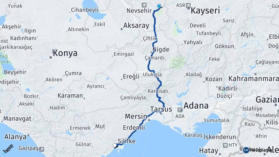Nevşehir Avanos Taşucu Silifke Mersin Arası Kaç Km - Yol Haritası