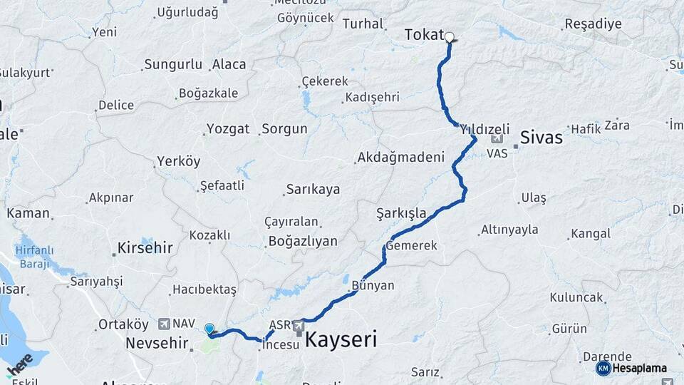 Nevşehir Avanos Tokat Arası Kaç Km - Yol Haritası