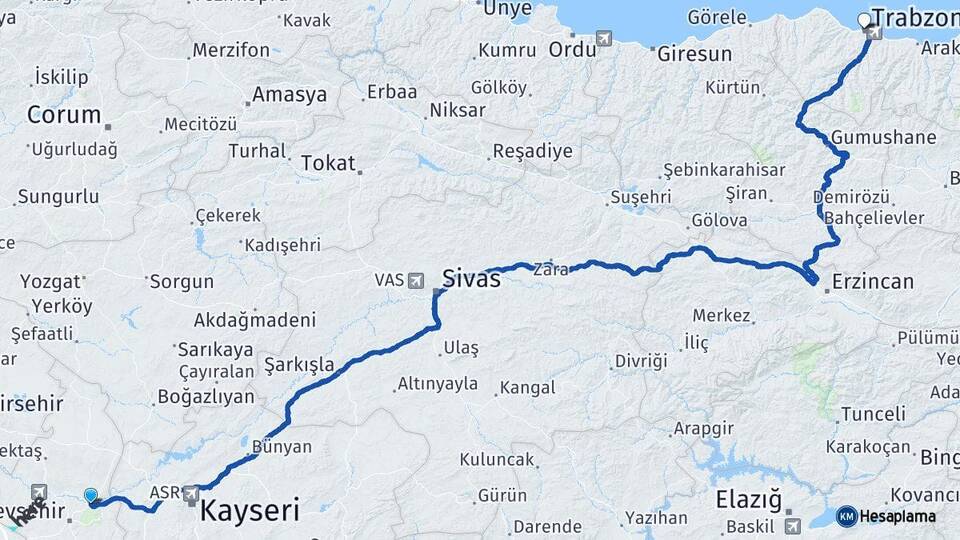 Nevşehir Avanos Trabzon Arası Kaç Km - Yol Haritası