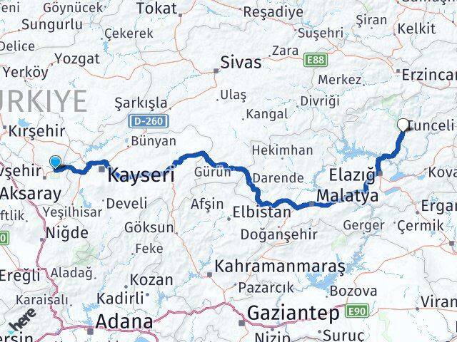 Nevşehir Avanos Tunceli Arası Kaç Km - Yol Haritası