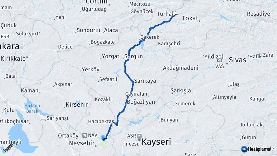 Nevşehir Avanos Turhal Tokat Arası Kaç Km - Yol Haritası