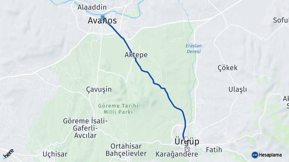 Nevşehir Avanos Ürgüp Arası Kaç Km - Yol Haritası