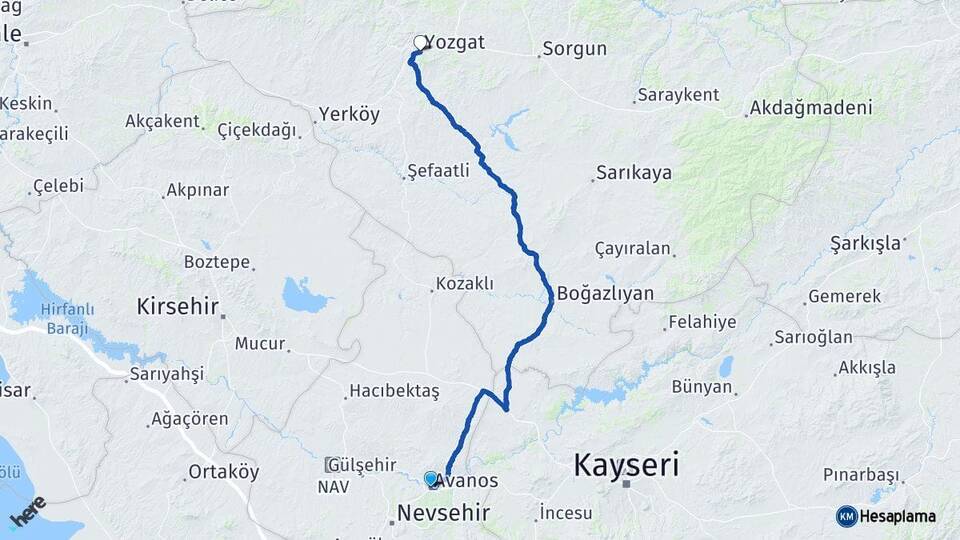 Nevşehir Avanos Yozgat Arası Kaç Km - Yol Haritası