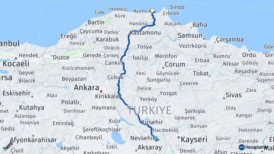 Nevşehir Ayancık Sinop Arası Kaç Km - Yol Haritası