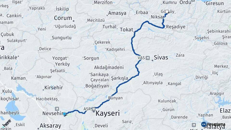 Nevşehir Aybastı Ordu Arası Kaç Km - Yol Haritası