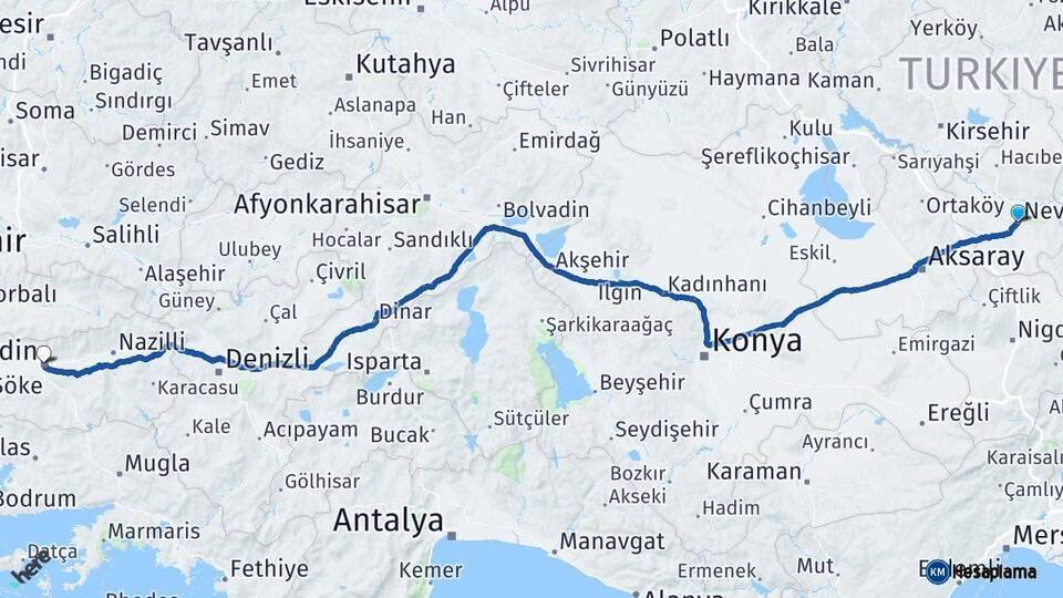 Nevşehir Aydın Arası Kaç Km - Yol Haritası