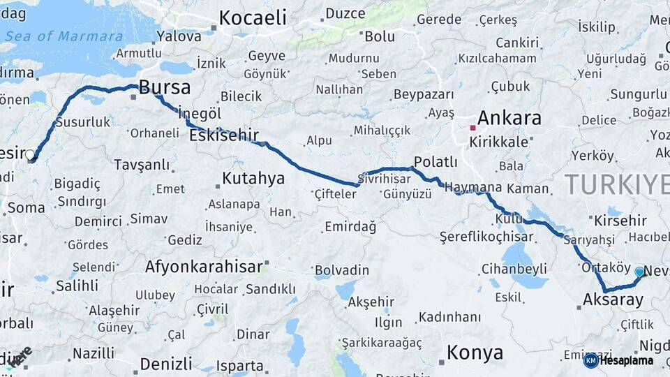 Nevşehir Balıkesir Arası Kaç Km - Yol Haritası