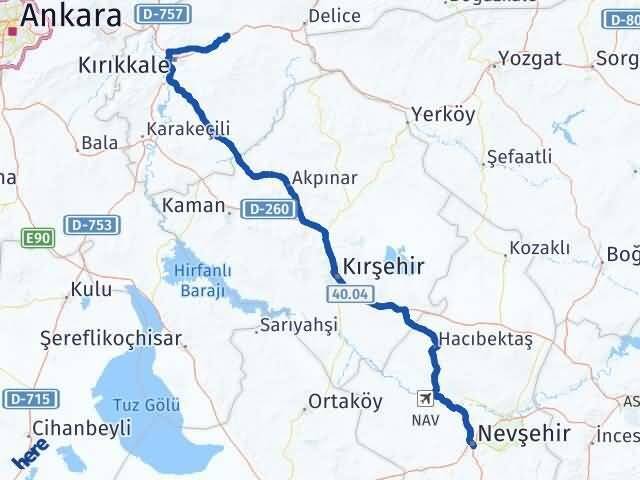 Nevşehir Balışeyh Kırıkkale Arası Kaç Km - Yol Haritası