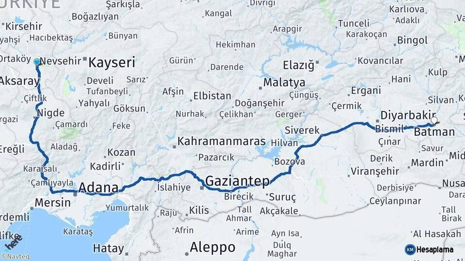 Nevşehir Batman Arası Kaç Km - Yol Haritası