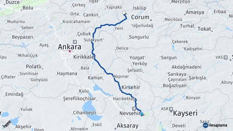 Nevşehir Bayat Çorum Arası Kaç Km - Yol Haritası