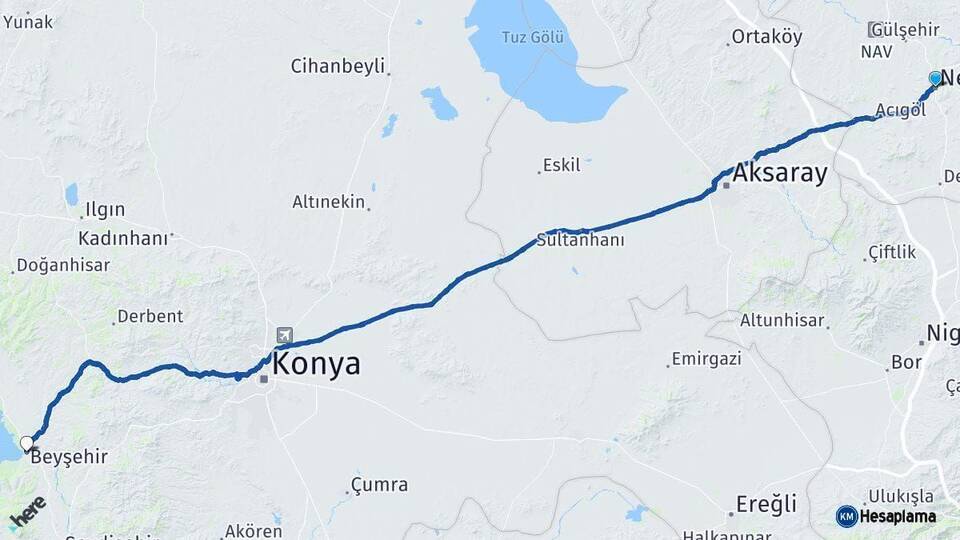 Nevşehir Beyşehir Konya Arası Kaç Km - Yol Haritası