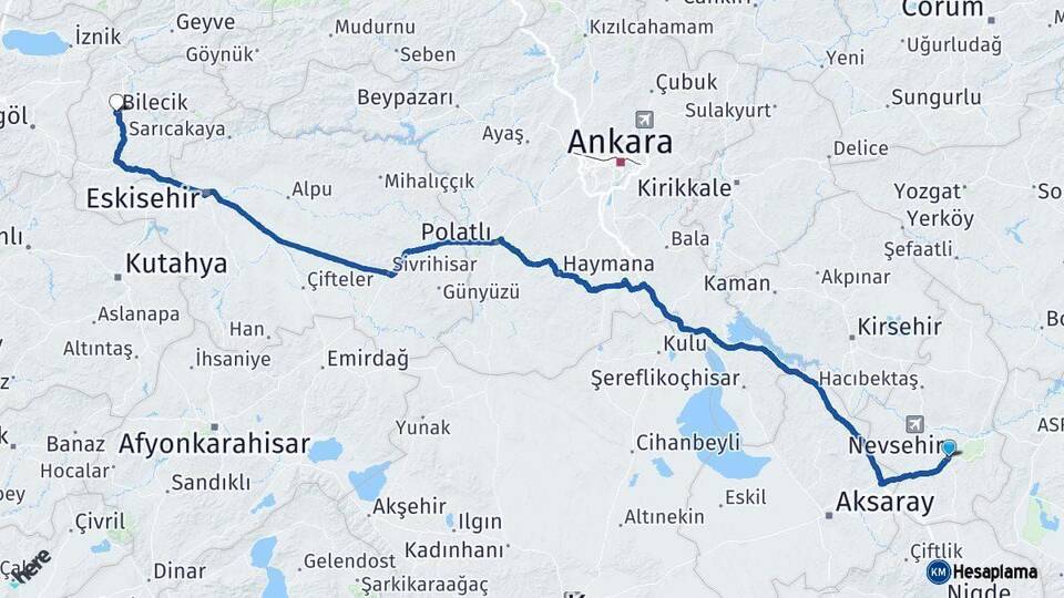 Nevşehir Bilecik Arası Kaç Km - Yol Haritası