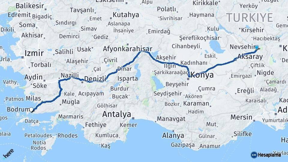 Nevşehir Bodrum Muğla Arası Kaç Km - Yol Haritası