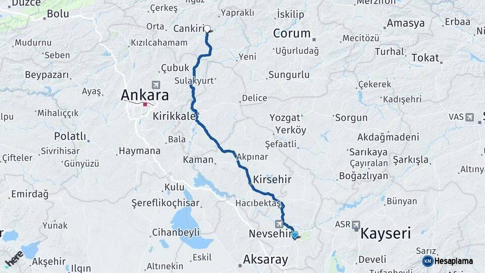 Nevşehir Çankırı Arası Kaç Km - Yol Haritası