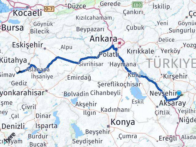 Nevşehir Çavdarhisar Kütahya Arası Kaç Km - Yol Haritası