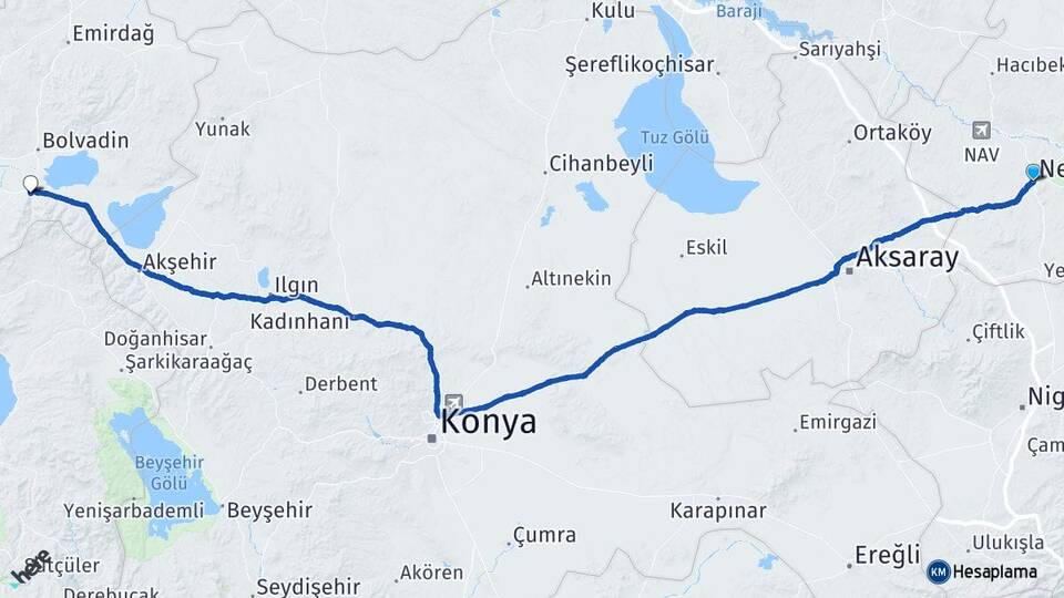 Nevşehir Çay Afyonkarahisar Arası Kaç Km - Yol Haritası