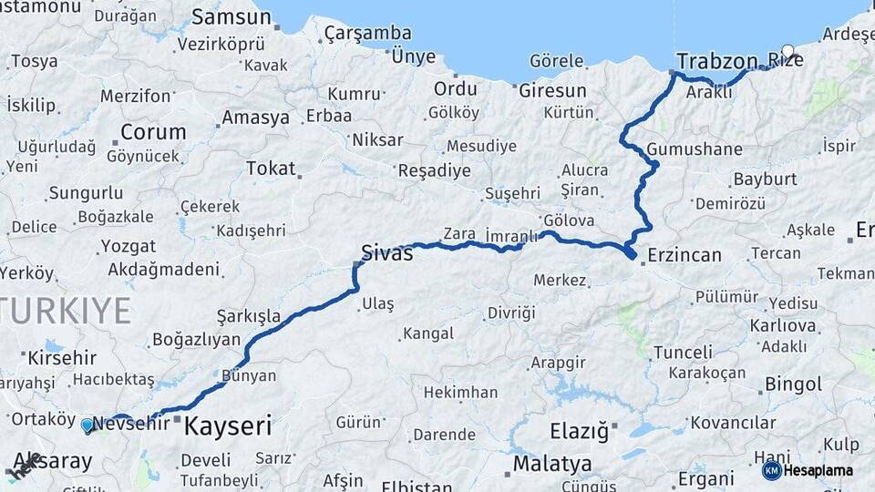 Nevşehir Çayeli Rize Arası Kaç Km - Yol Haritası