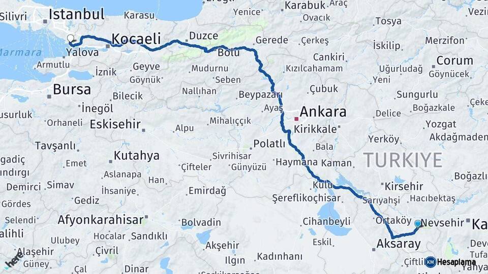Nevşehir Çayırova Kocaeli Arası Kaç Km - Yol Haritası