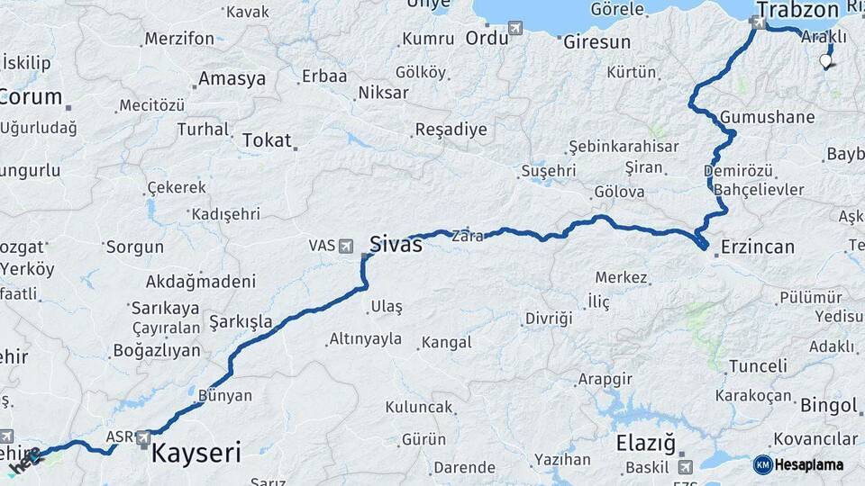 Nevşehir Çaykara Trabzon Arası Kaç Km - Yol Haritası