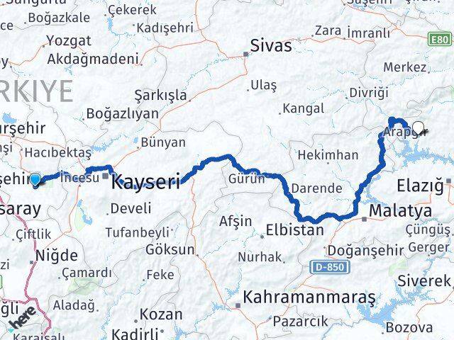 Nevşehir Çemişgezek Tunceli Arası Kaç Km - Yol Haritası