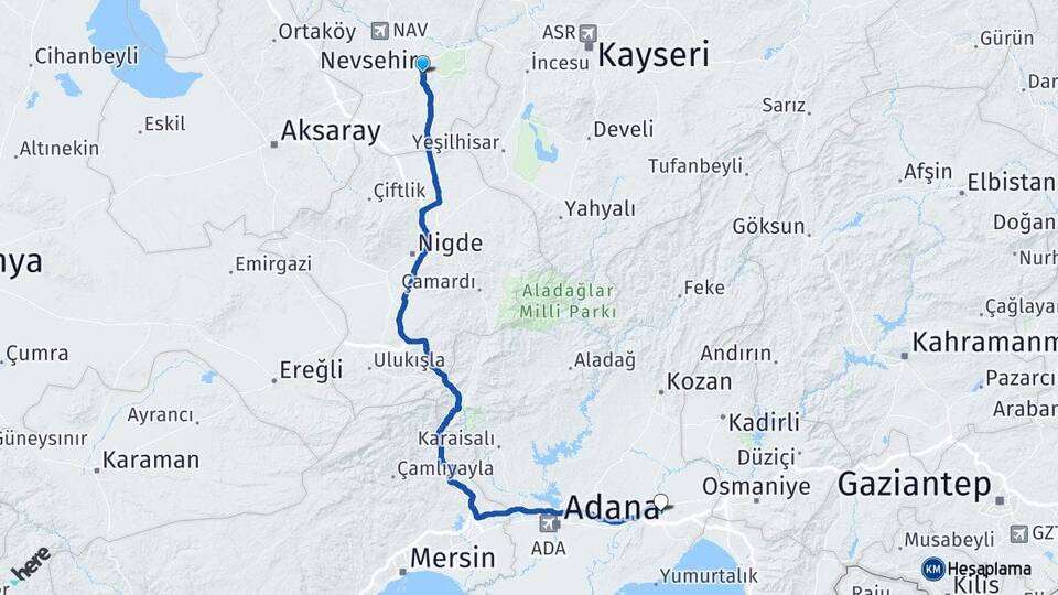 Nevşehir Ceyhan Adana Arası Kaç Km - Yol Haritası