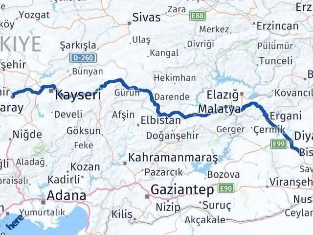 Nevşehir Çınar Diyarbakır Arası Kaç Km - Yol Haritası