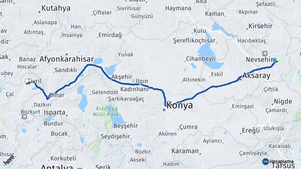 Nevşehir Çivril Denizli Arası Kaç Km - Yol Haritası