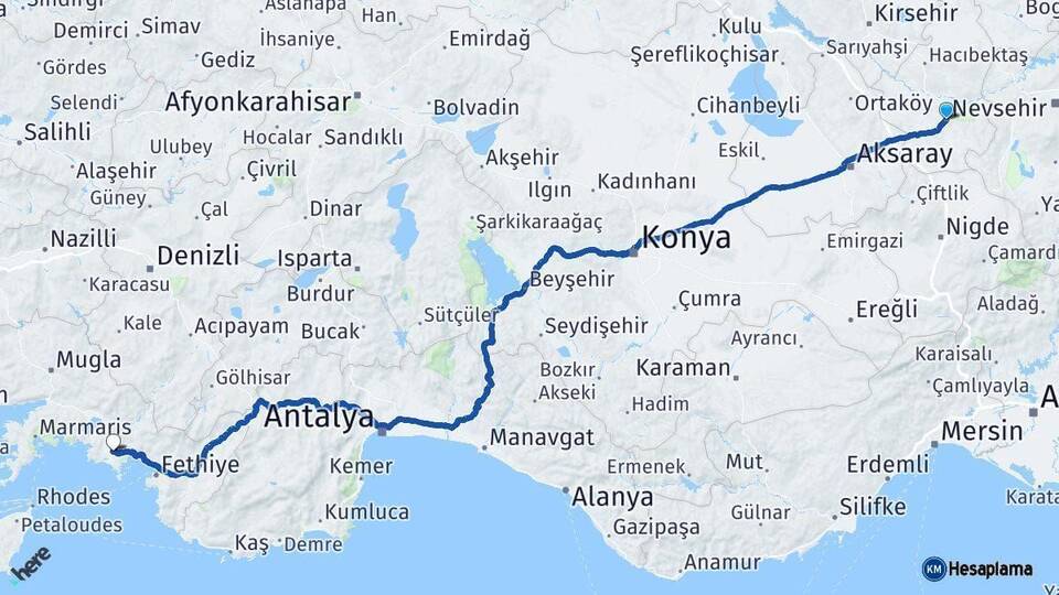Nevşehir Dalaman Muğla Arası Kaç Km - Yol Haritası