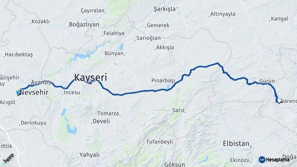 Nevşehir Darende Malatya Arası Kaç Km - Yol Haritası