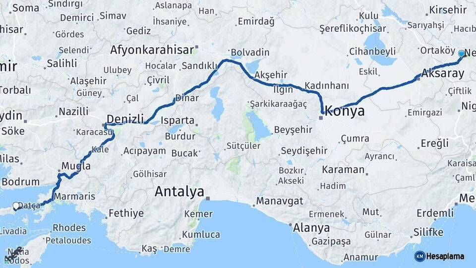 Nevşehir Datça Muğla Arası Kaç Km - Yol Haritası