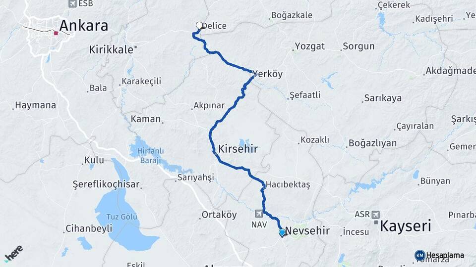 Nevşehir Delice Kırıkkale Arası Kaç Km - Yol Haritası