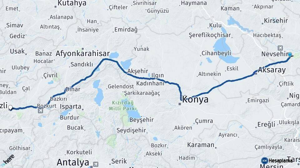 Nevşehir Denizli Arası Kaç Km - Yol Haritası