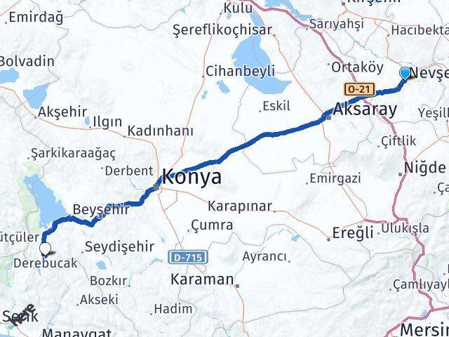 Nevşehir Derebucak Konya Arası Kaç Km - Yol Haritası