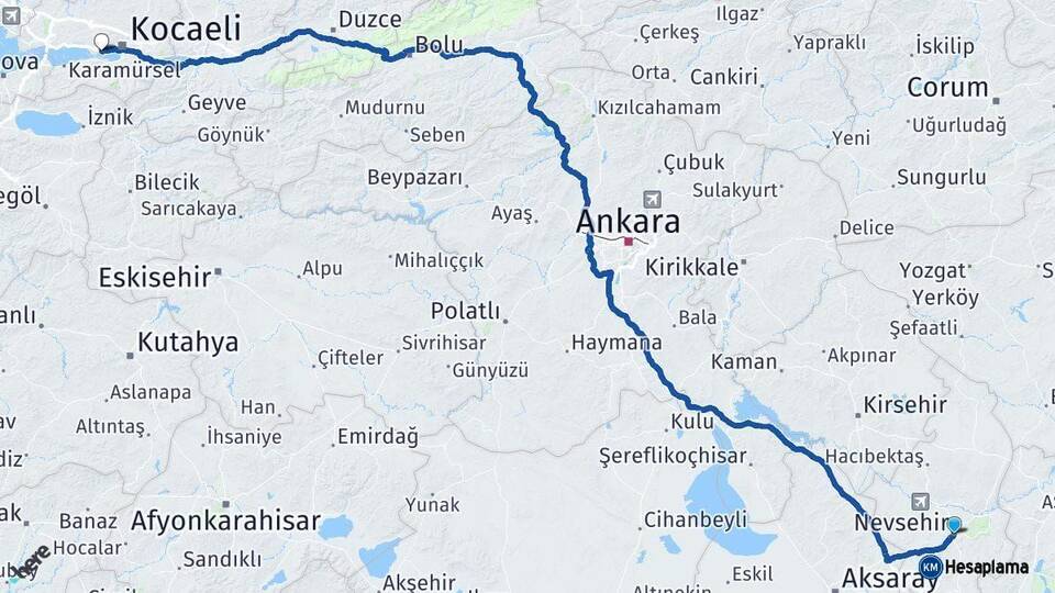 Nevşehir Derince Kocaeli Arası Kaç Km - Yol Haritası